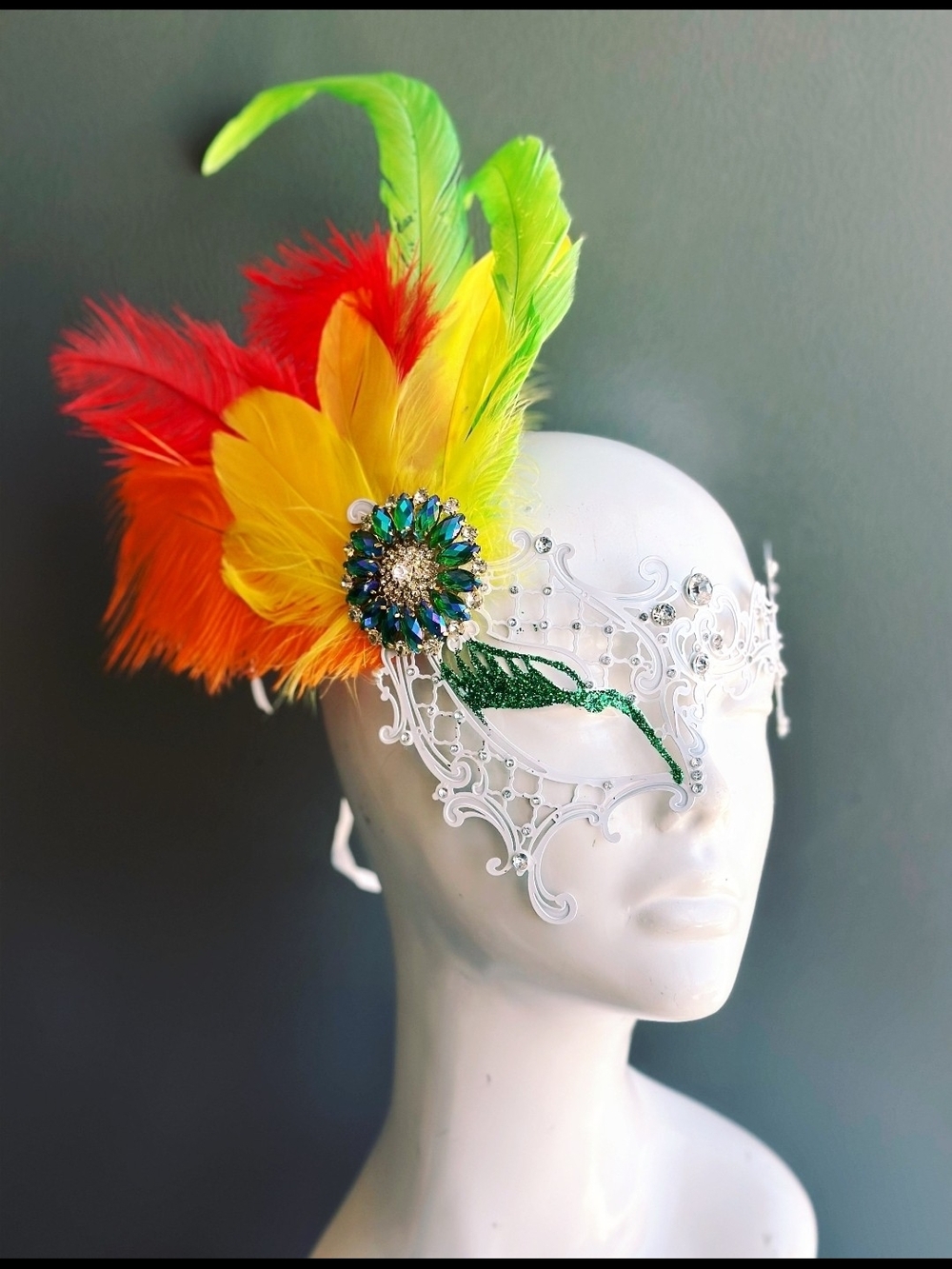 Handmade Parrot Vibrant Feather Masquerade Mask with Green Jewel Accent